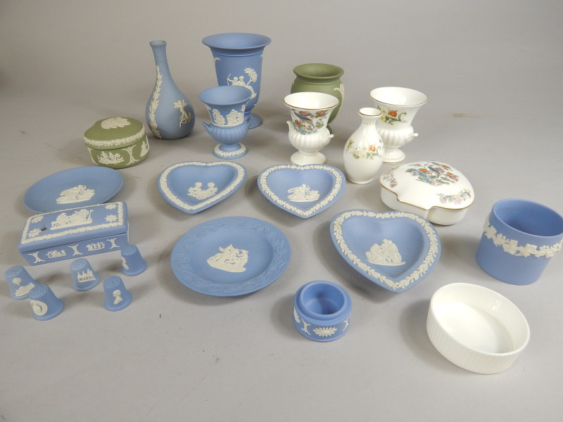 A large quantity of Wedgwood Jasperware to include vases rectangular