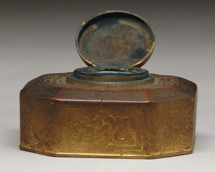 TIFFANY STUDIOS ZODIAC INKWELL Bronze octagon shaped inkwell has lift