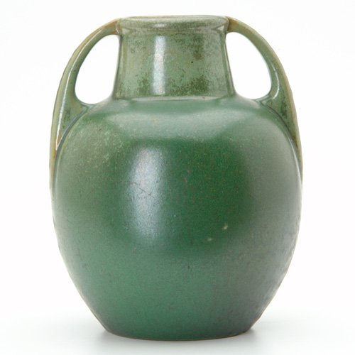 FULPER Bulbous two handled vase covered in a frothy Cucumber