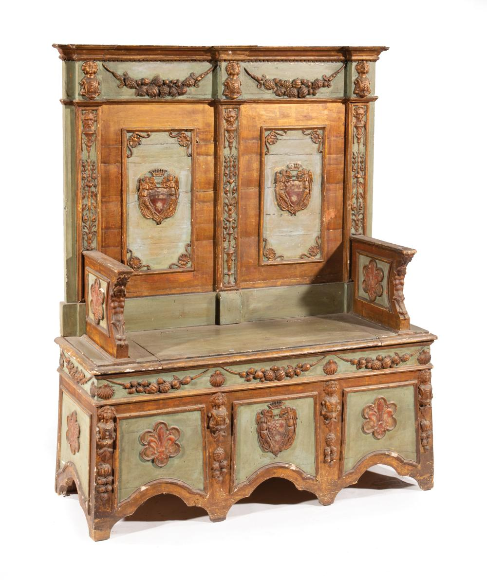 Venetian Verde Tinta and Parcel Gilt Hall Bench likely 18th