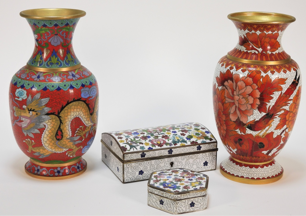 4PC CHINESE CLOISONNE GROUP China 20th CenturyIncludes a vase decorated