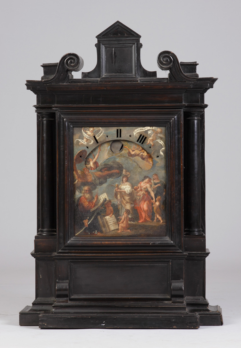 Early Italian Night Clock Architectural fruitwood case ebonized finish Painted