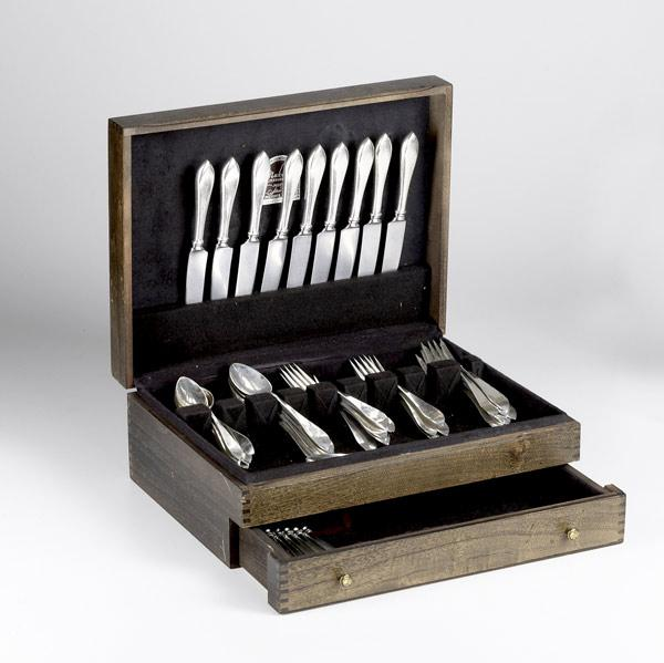 ARTS CRAFTS HANDWROUGHT SILVER FLATWARE Fifty one pieces in Old