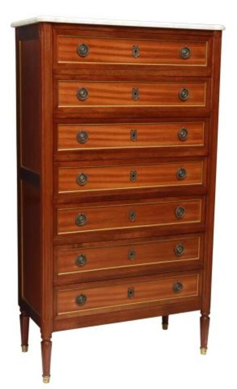Louis XVI style marble top mahogany chest of drawers 20th