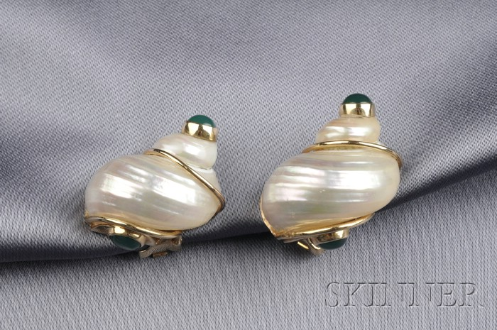 14kt Gold and Turbo Shell Earclips Seaman Schepps each designed