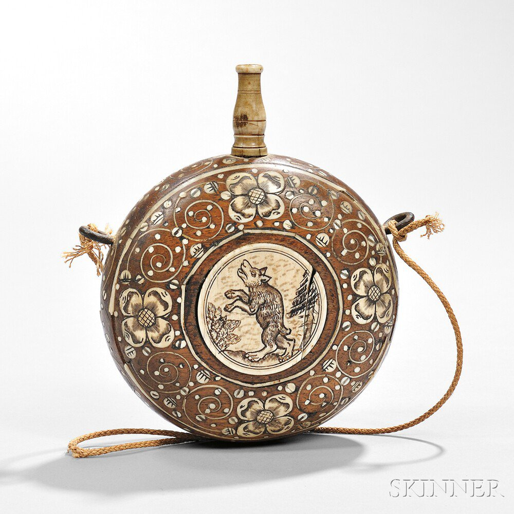Fruitwood Powder Flask Germany probably 17th century with floral and
