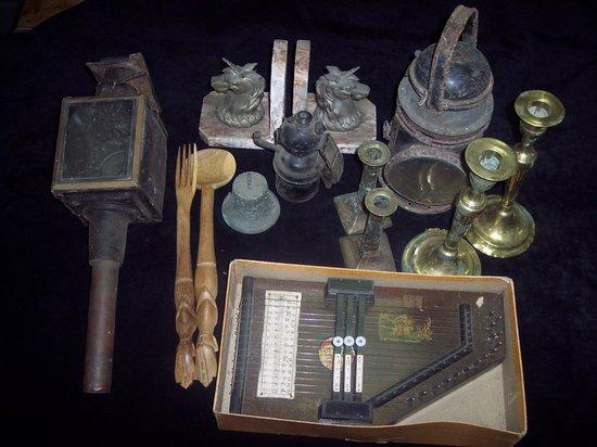 A quantity of sundries including a zither bookends lamps etc