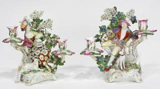 Pair of Derby polychrome porcelain figural candelabra circa 1770 modeled