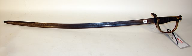 Brass basket hilted saber with well worn wire wrapped leather