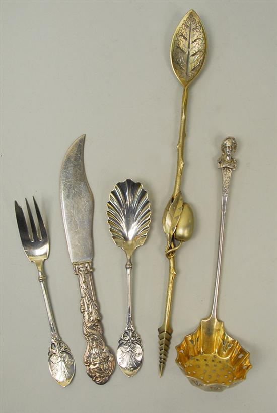 FIVE AMERICAN AESTHETIC MOVEMENT SILVER SERVING UTENSILS Gorham maker including