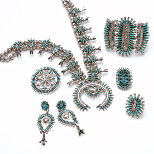 ZUNI Seven petitpoint turquoise and silver pieces Lucy Dewa squash