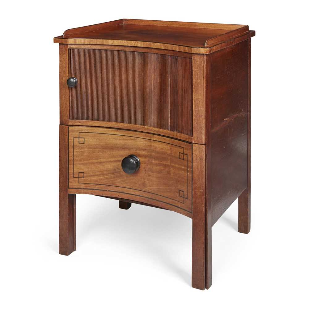 LATE GEORGE III MAHOGANY AND EBONY CONCAVE FRONT BEDSIDE COMMODE