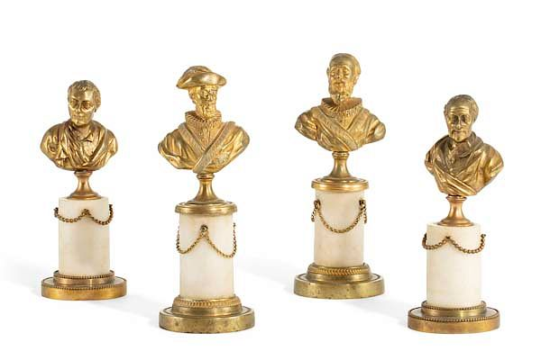 Four French gilt bronze and white marble busts Four French