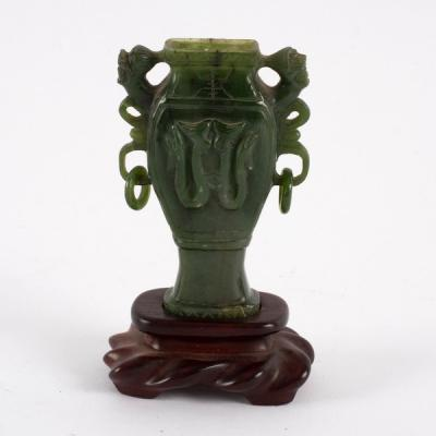 A Chinese spinach jade urn of square baluster section with
