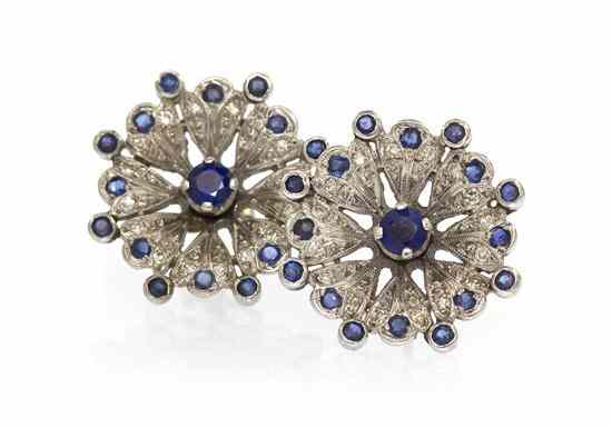 A Pair of White Gold Sapphire and Diamond Flower Earrings