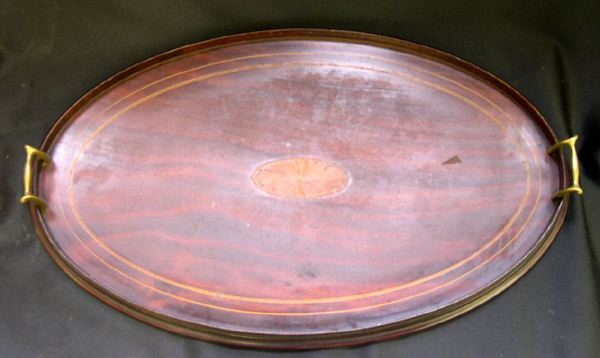 Edwardian Oval Brass Mounted and Hollywood Inlaid Mahogany Waiter with