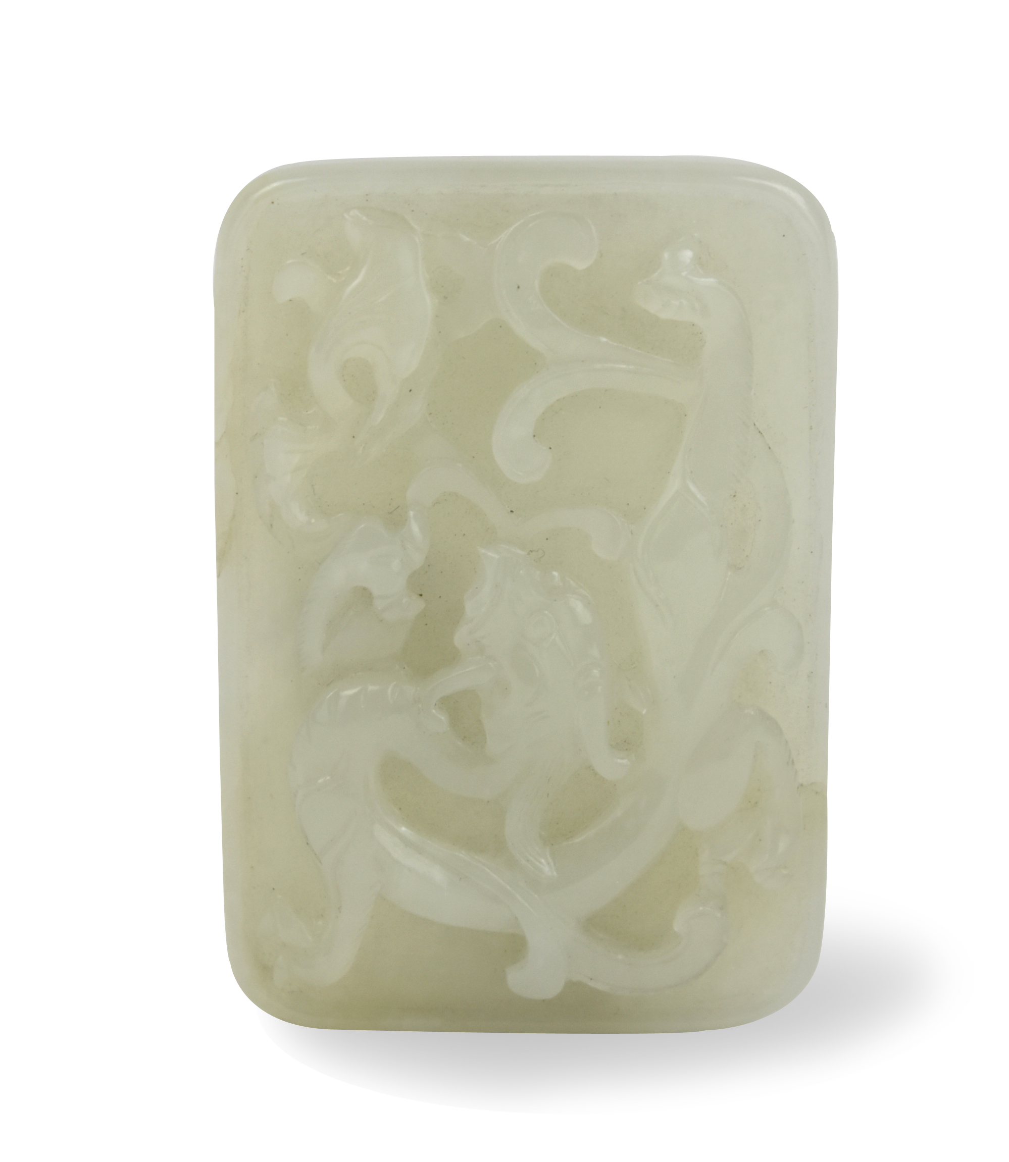 Chinese Qing D 19th C white jade high relief dragon