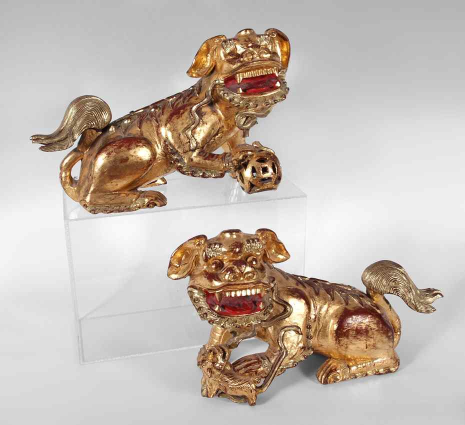 PAIR CARVED WOOD GOLD GILT TEMPLE DOGS Red lacquer and