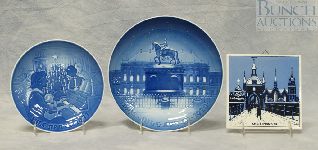 3 Blue white Christmas plates tile 1970 Bing Grondahl 8000