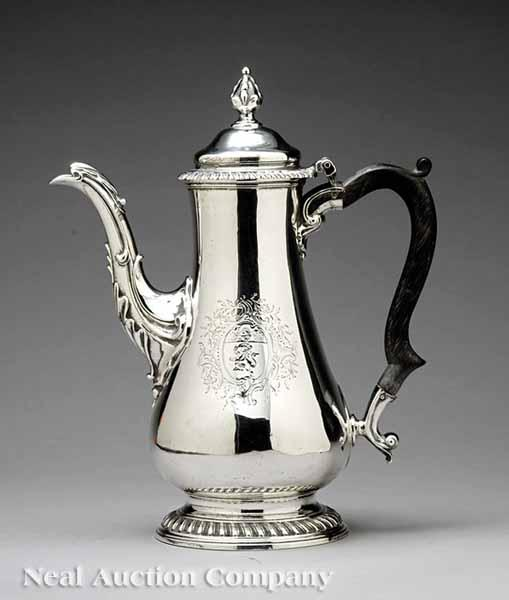 A George III Crested Sterling Silver Coffee Pot Benjamin Brewood