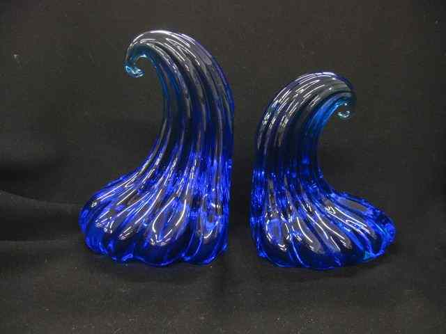 Pair of Art Glass Bookends rich sapphire blue wave design