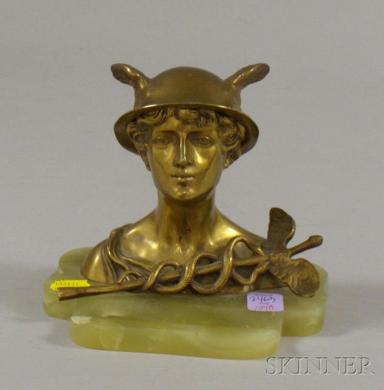 Brass Bust of Mercury Inkstand with Green Onyx Base