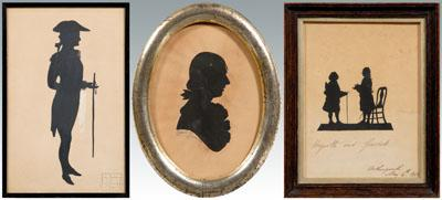 Three silhouettes figural group titled below in ink quot Hogarth