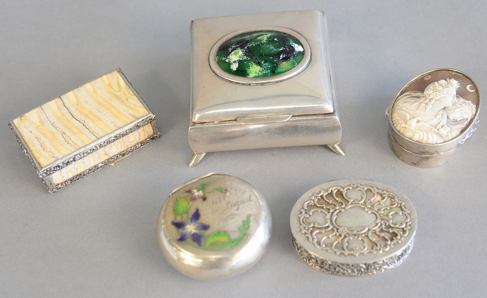 Five various silver boxes with mother of pearl to include