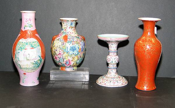 Four polychrome enameled porcelains The first an iron red enameled