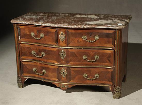 Louis XV XVI Ormolu and Brass Mounted Parquetry Kingwood Serpentine
