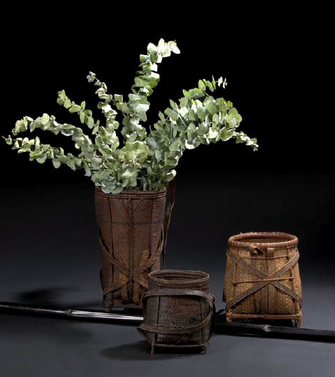 Laotian Woven Harvest Basket the tapering closely woven body attached