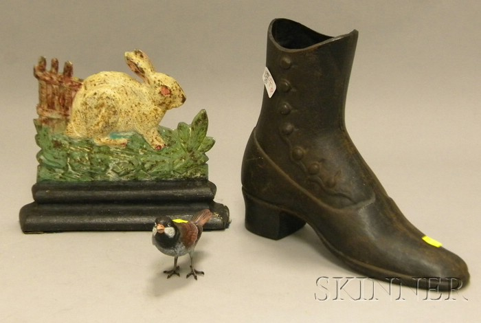Painted Cast Iron Rabbit Doorstop Boot form Vase and Painted