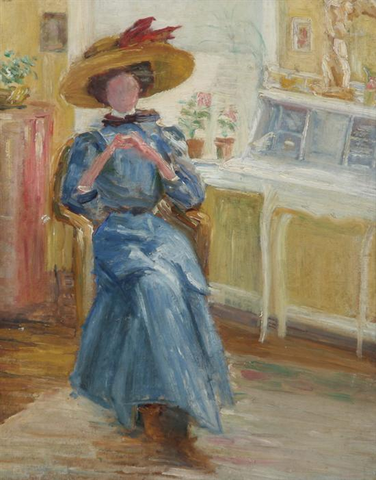 ERNEST LAWSON American 1873 1939 SEATED WOMAN WITH HAT oil