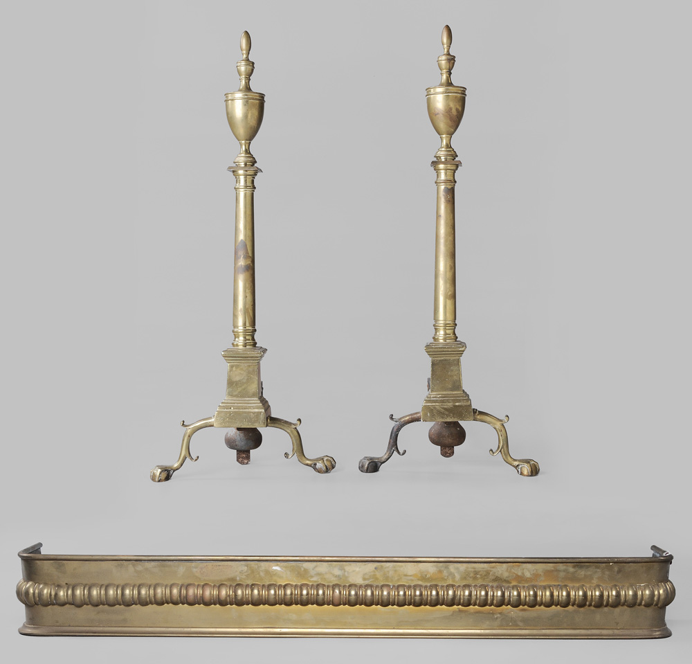 Pair Federal Style Brass Andirons Fender early 20th century andirons