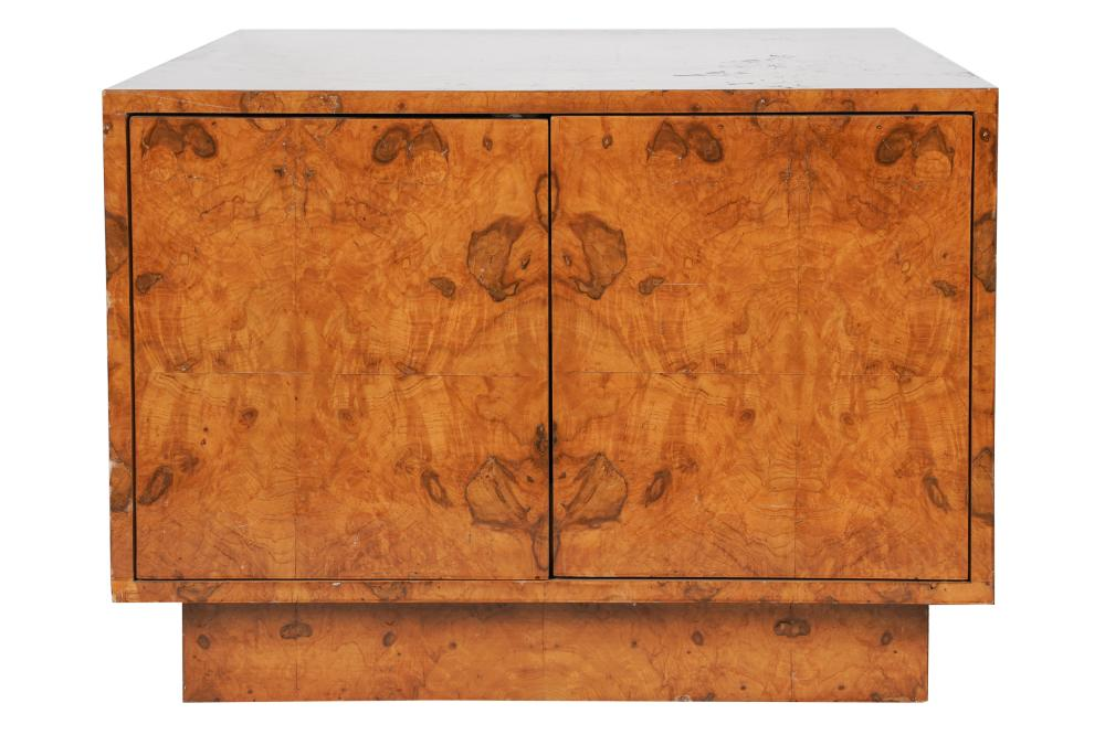 ATTRIBUTED TO MILO BAUGHMAN BURL VENEER SIDE CABINETunsigned having a