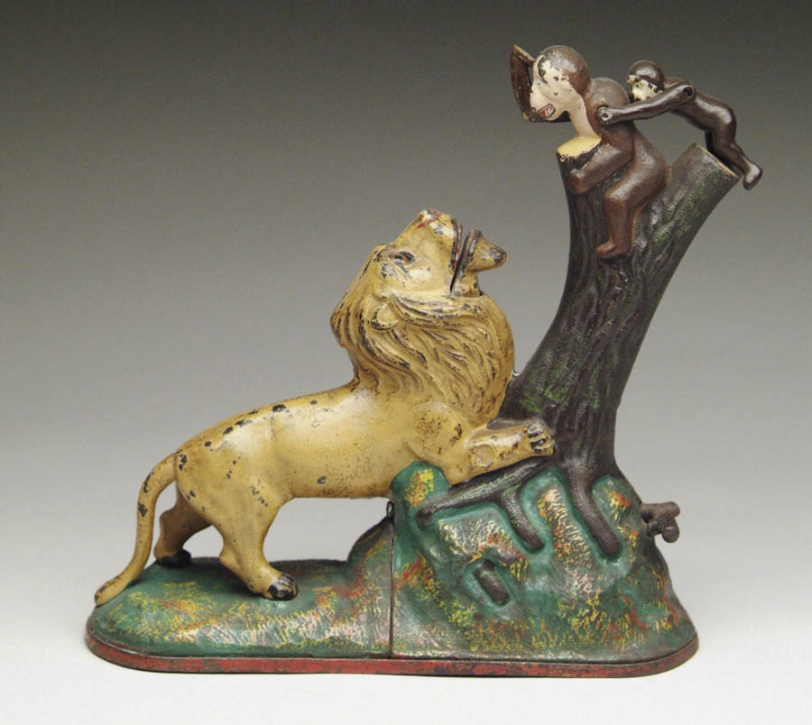 LION AND 2 MONKEYS MECHANICAL BANK Place coin in large