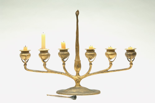 TIFFANY STUDIOS Bronze six light candelabrum with original snuffer in