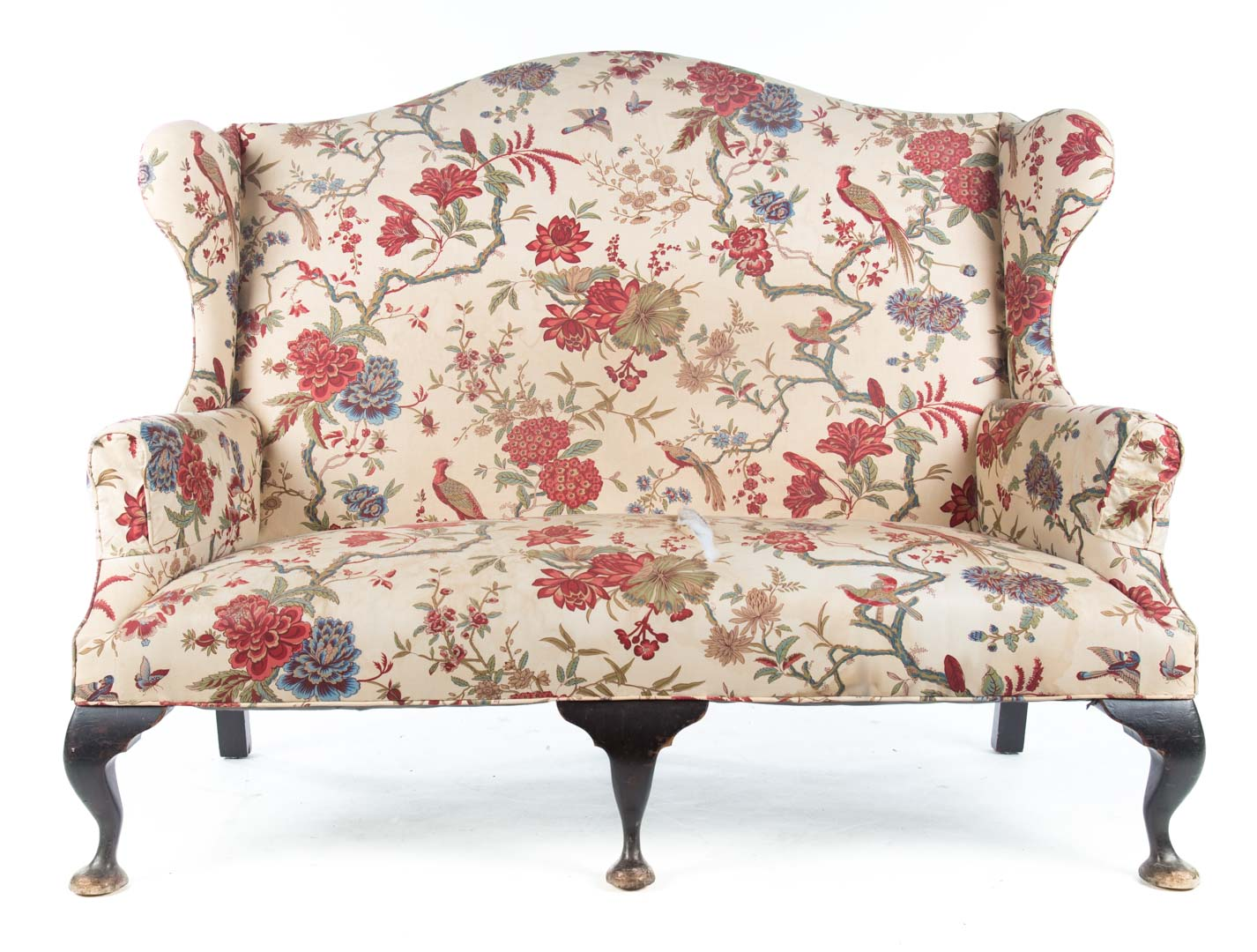 Queen Anne style upholstered mahogany settee 19th century upholstered high