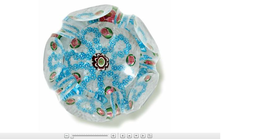 Antique Clichy millefiori garland facetted paperweight With a blue quartrefoil