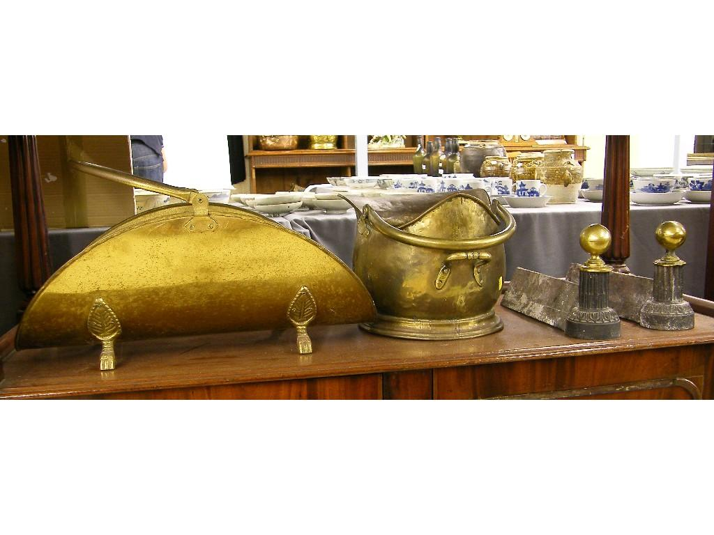 Brass helmet coal scuttle brass log basket and a pair