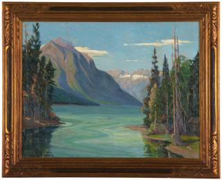 Kathryn W Leighton 1875 Mountain landscape with lake signed lower