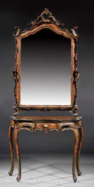 A Venetian Rococo Painted Console and Mirror 19th c arched