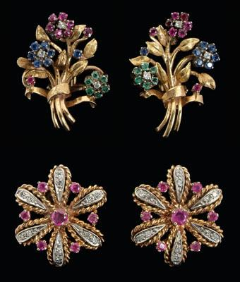 Two pairs floral earrings one pair set with six single