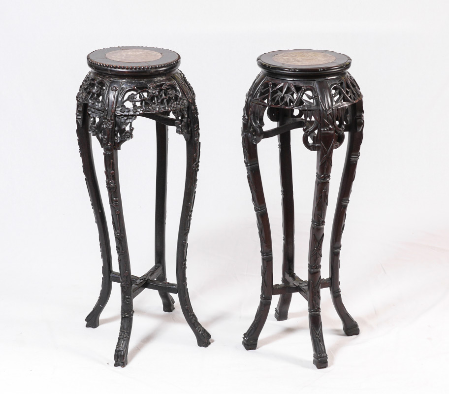 2 ORIENTAL CARVED MARBLE TOP FERN STANDS Both with round