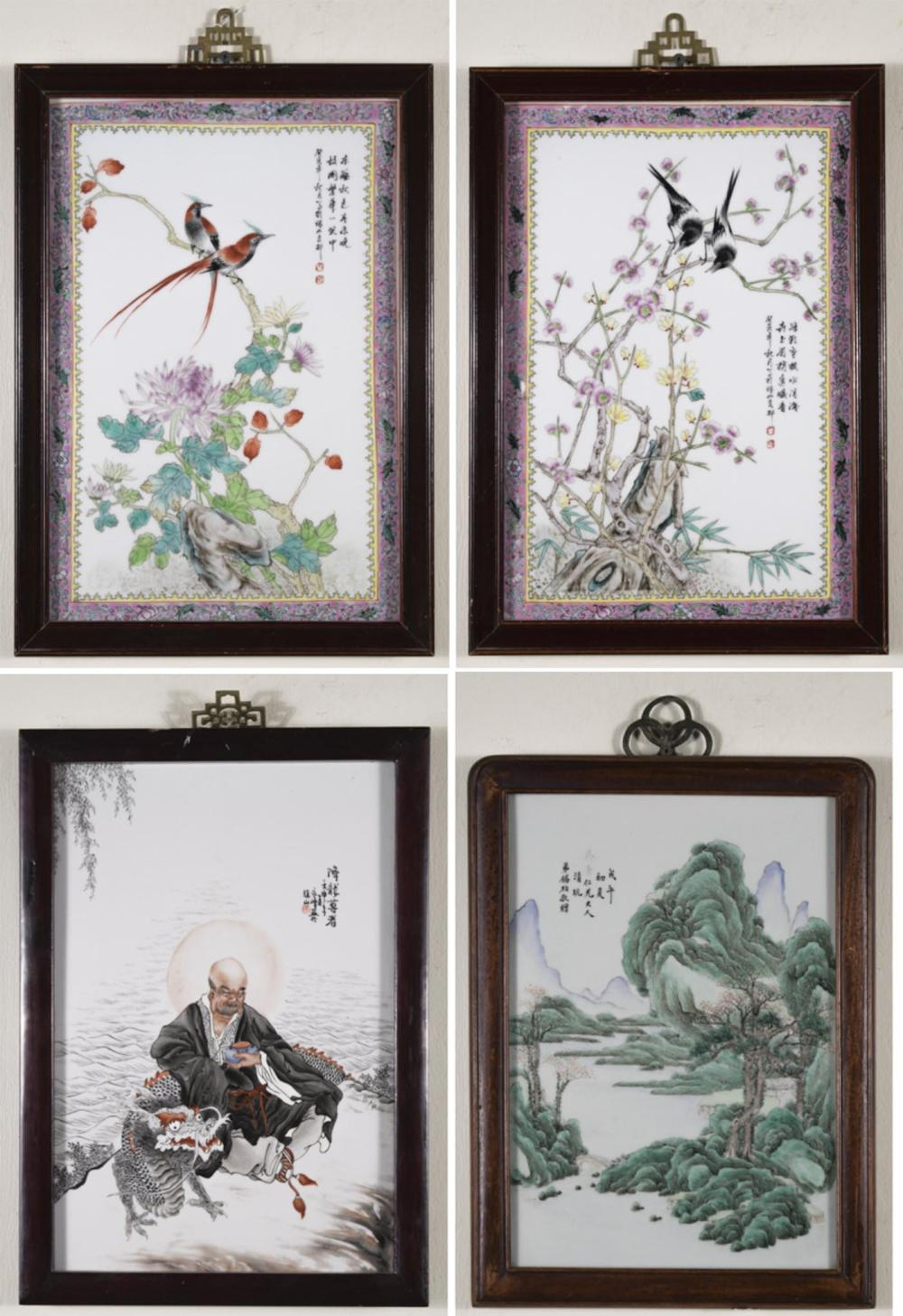 FOUR CHINESE PORCELAIN PLAQUES each hand painted and framed including