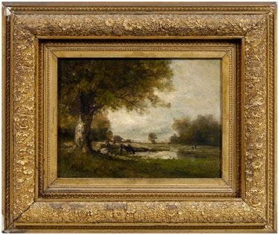 19th century American School painting pastoral landscape with cows and