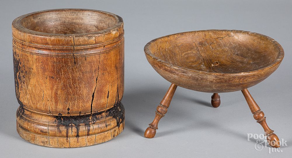 Large burl mortar and footed bowl Large burl mortar 18th