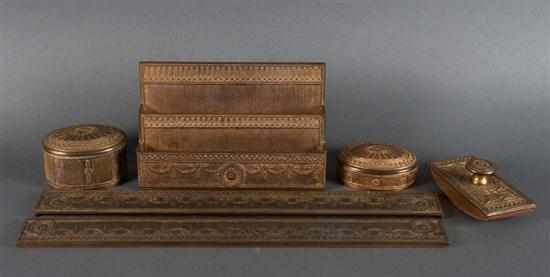 Tiffany gilt bronze six piece desk set in the Adam