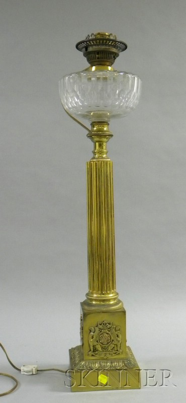 Brass Columnar and Colorless Cut Glass Banquet Kerosene Table Lamp