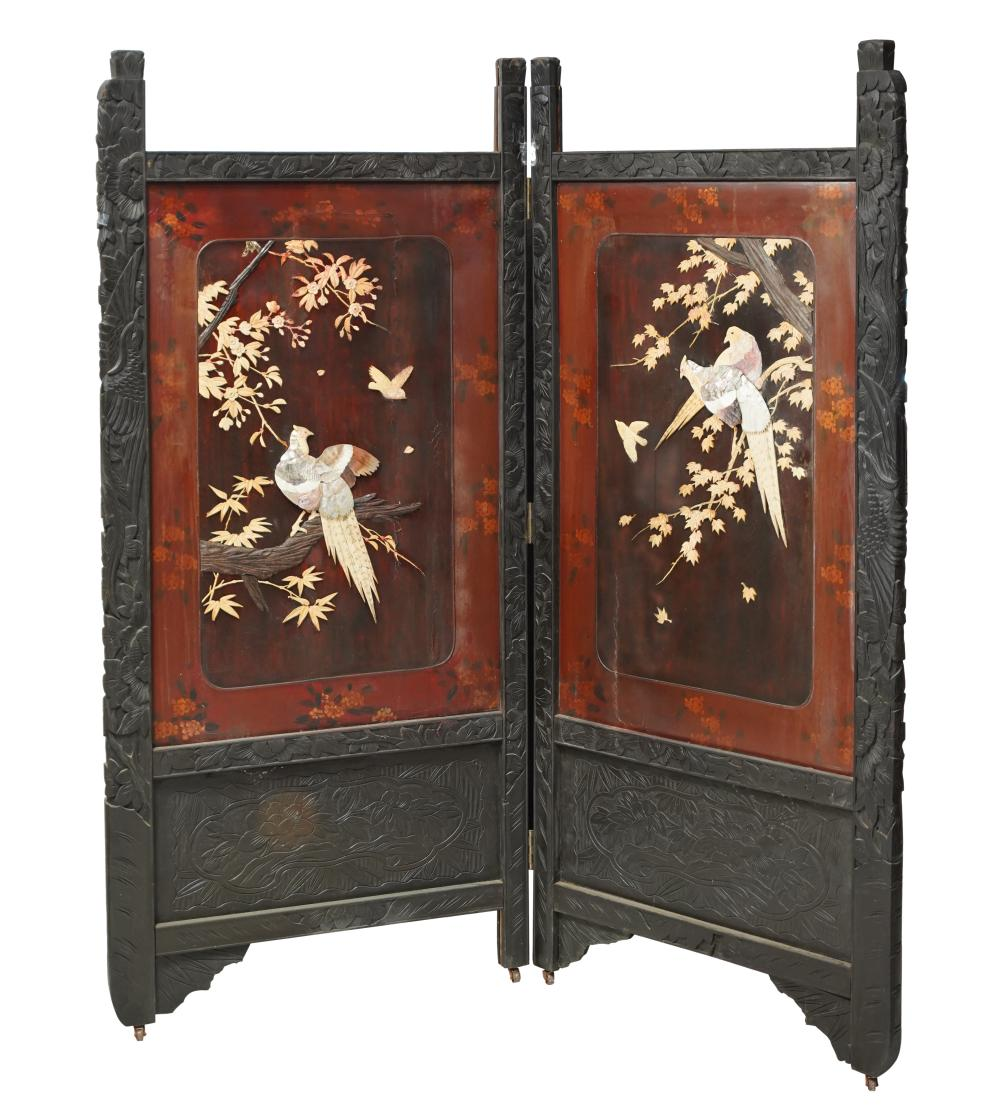 JAPANESE TWO PANEL SCREENeach red lacquered panel applied with carved